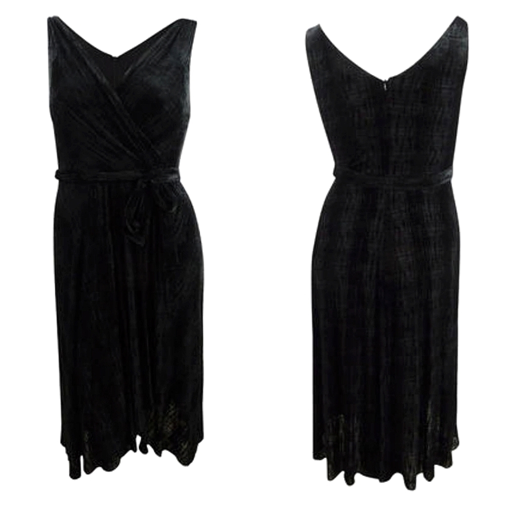 NWT DKNY V-Neck Velvet Wrap Dress w/ Satin Trim and Sash in Black Sz. 8